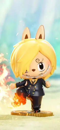 Labubu cosplaying as Vinsmoke Sanji from One Piece with fiery kick pose